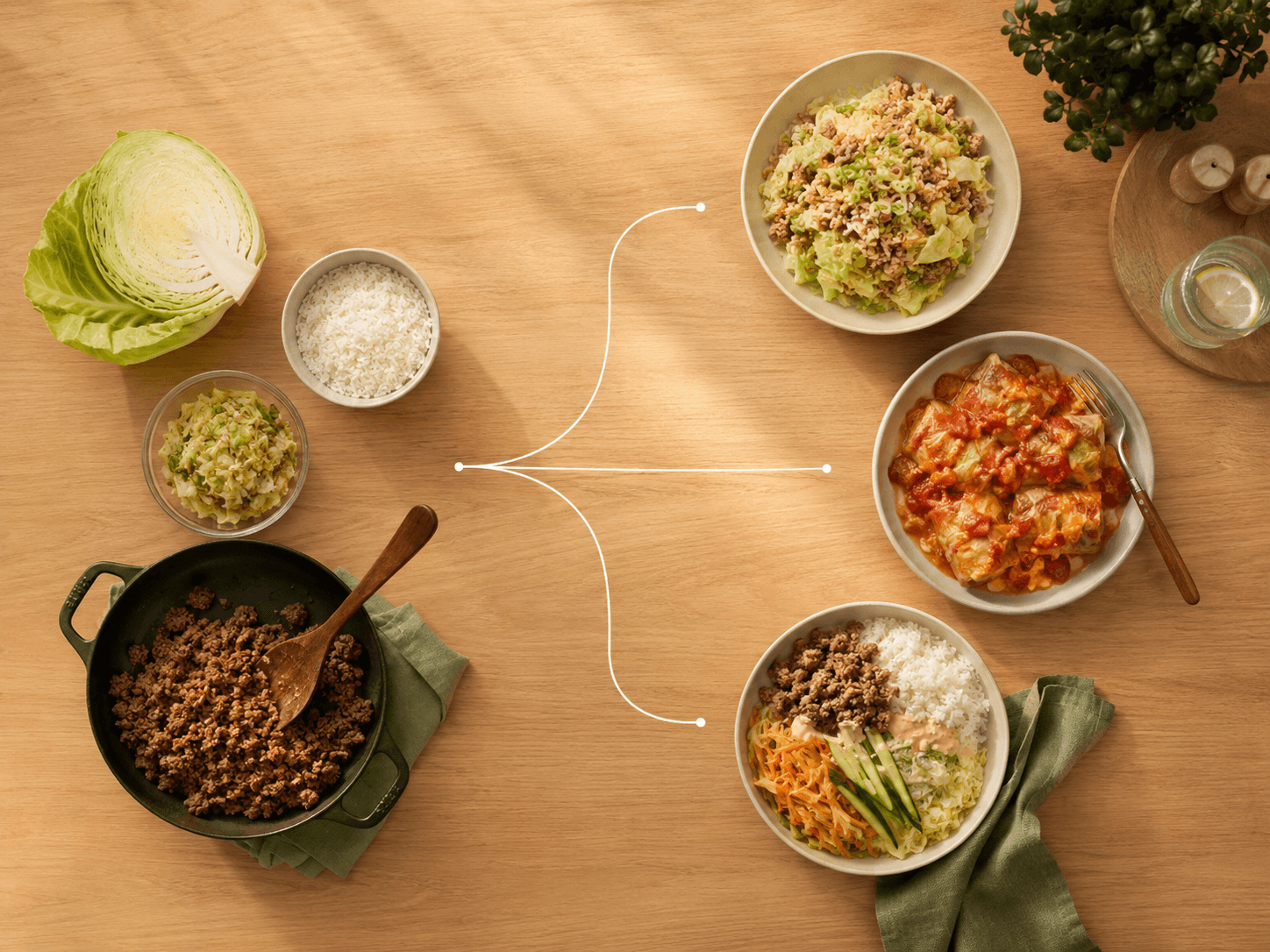 Illustrative ingredient reuse route from existing ingredients to three meals