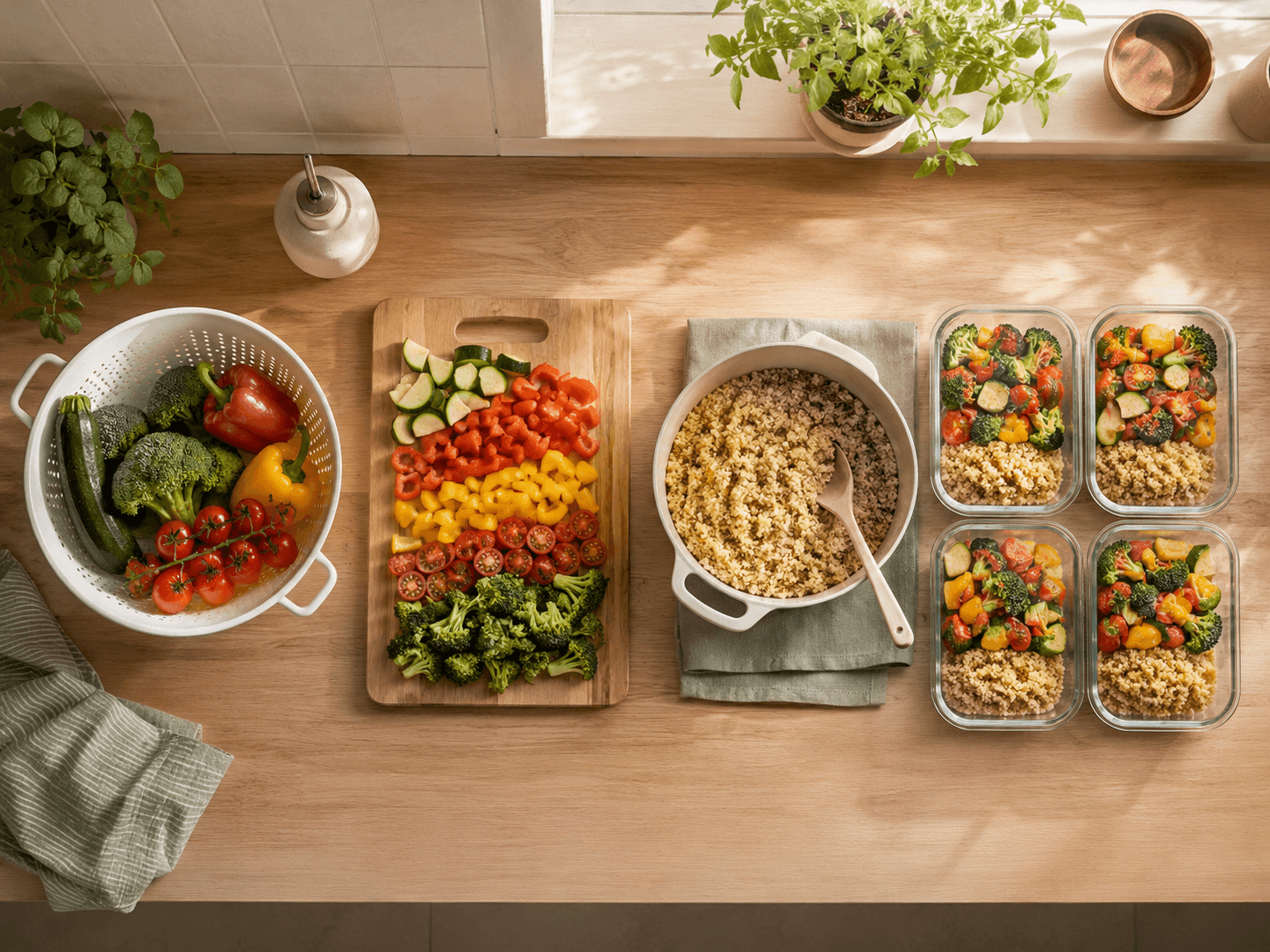 Illustrative prep-ahead sequence progressing from ingredients to stored meals