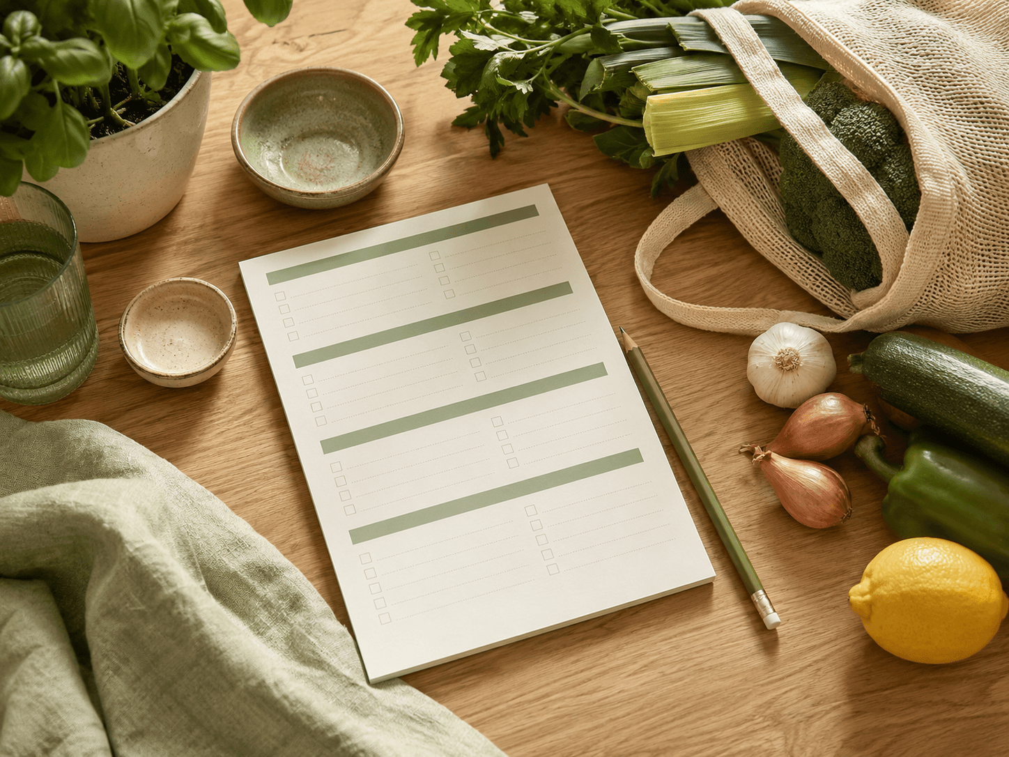 Illustrative grouped shopping checklist beside fresh ingredients