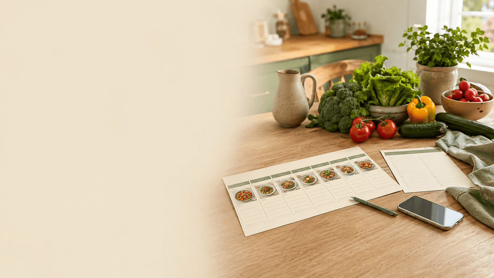 A family weekly meal plan and grouped shopping list arranged on a warm kitchen table