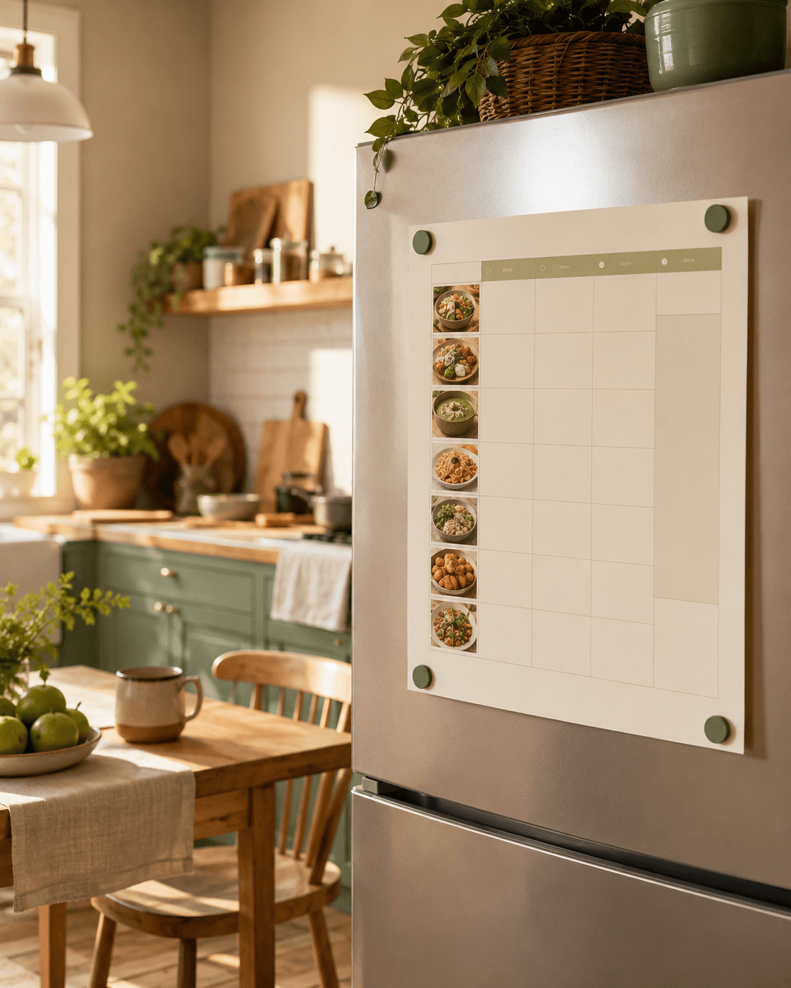 An illustrative weekly meal plan attached to a kitchen fridge